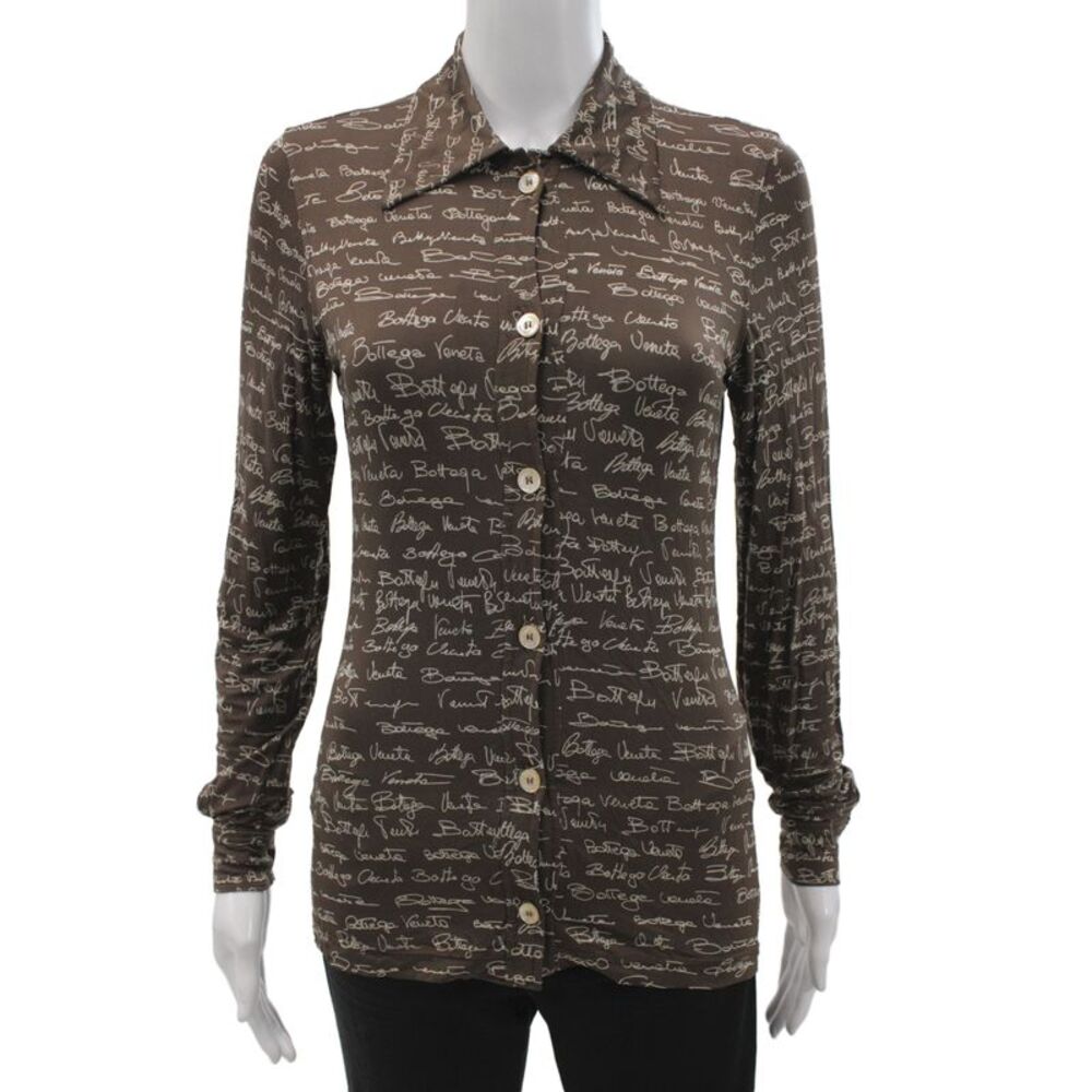 Bottega Veneta Womens Jersey Blouse Brown Collared Long Sleeve Size S
